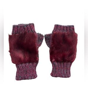 SAKS FIFTH AVENUE Fingerless Knit Gloves Faux Fur Burgundy Gray Metallic